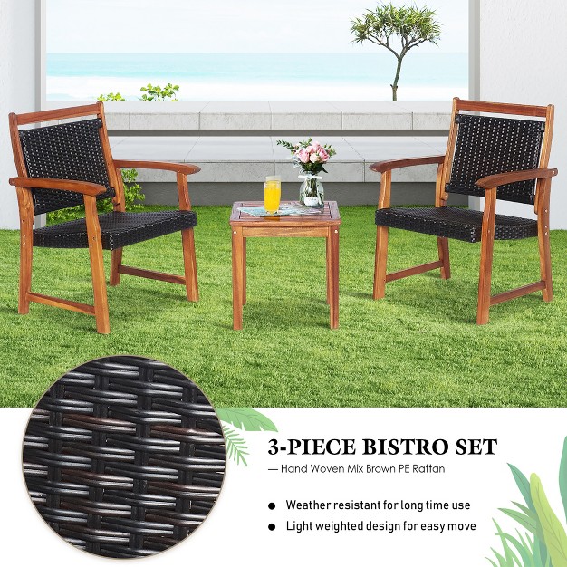 Costway 3pcs Patio Rattan Bistro Set Acacia Wood Frame Armrest Chairs Garden