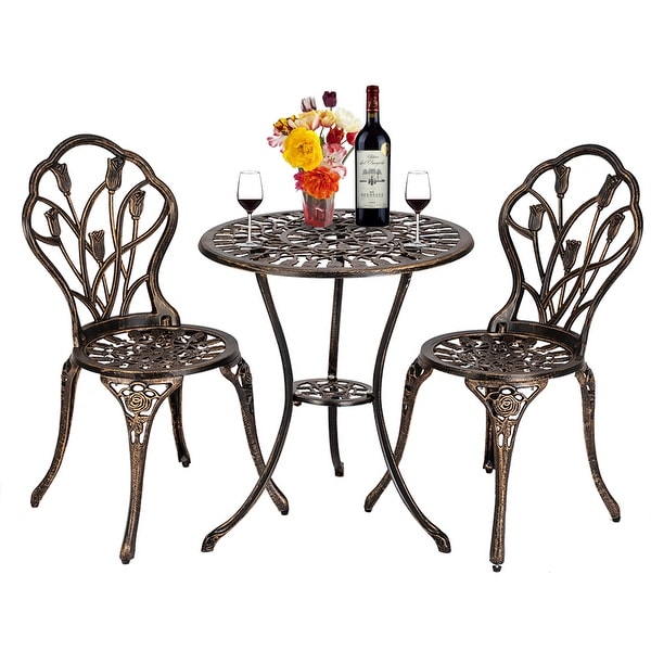 3Piece Cast Aluminum Patio Bistro Set Outdoor Furniture Tulip Design Antique Copper Finish RustResistant