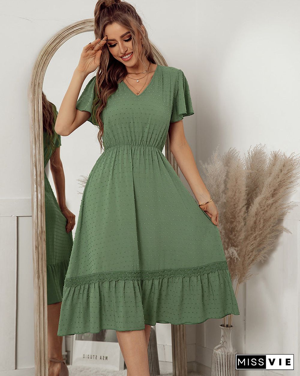 Short Sleeve V Neck Solid Color Midi Dress