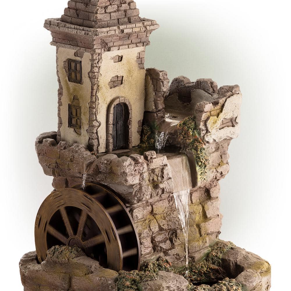 Alpine Corporation 35 in. Tall Outdoor Fairy Castle Waterwheel Tiered Fountain Yard Art decoration USA1164