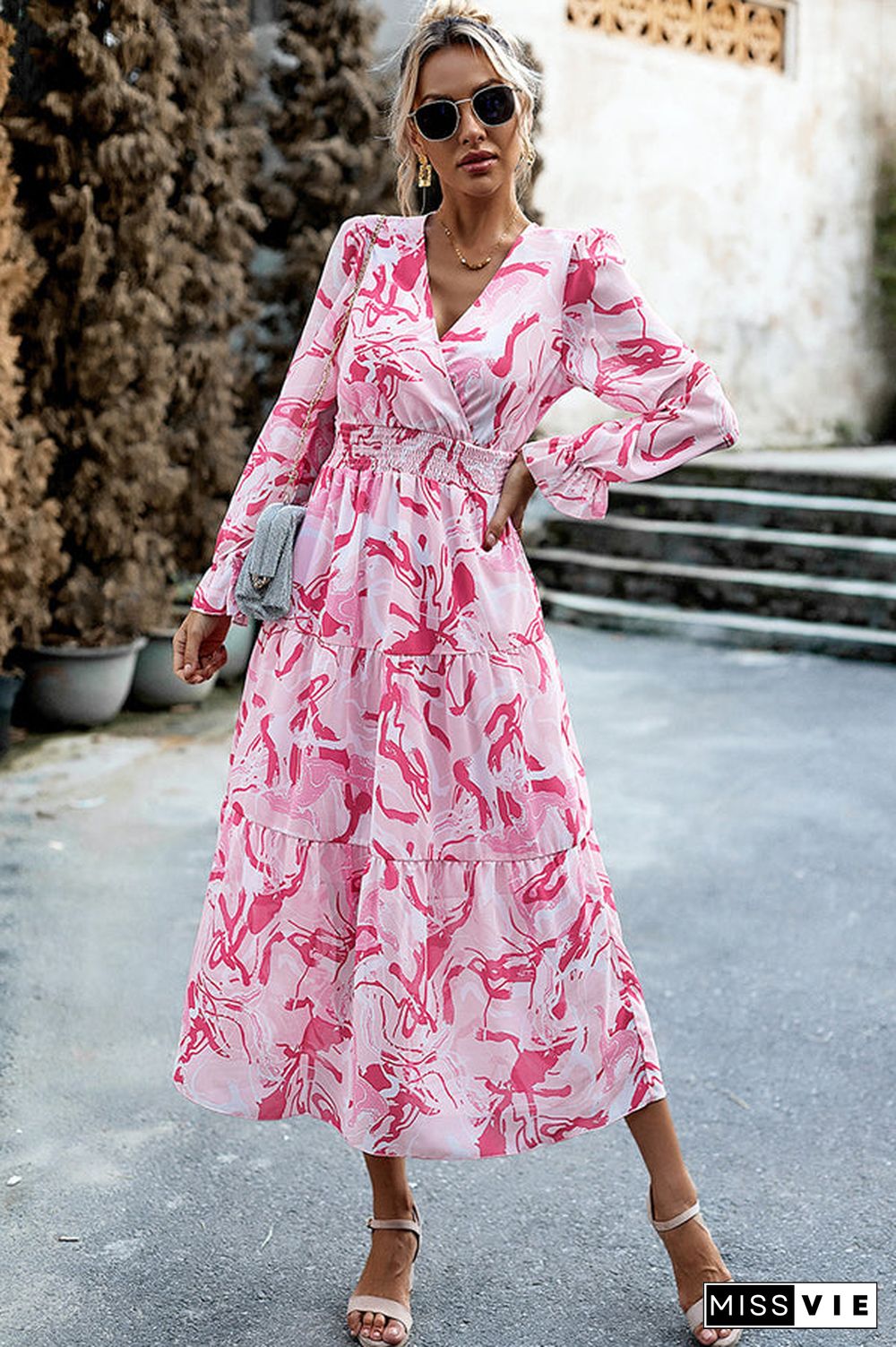 Smocked Print V Neck Midi Dress