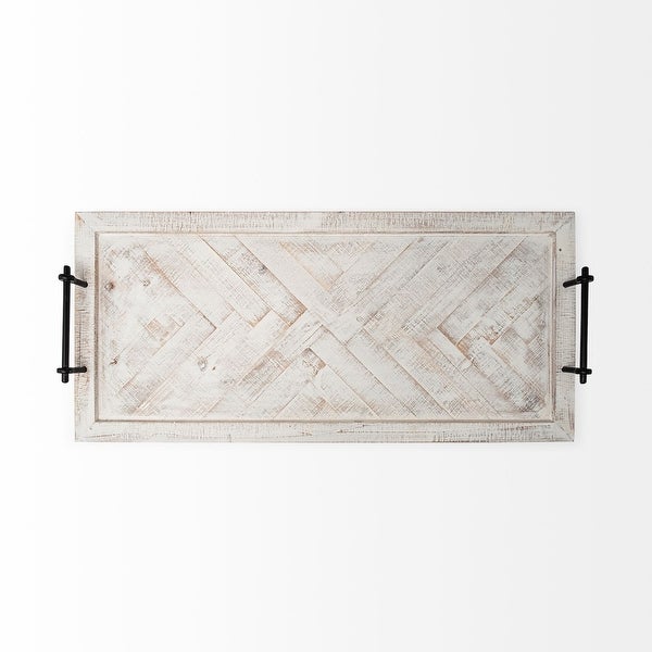 Whitewashed Tone Wood With Herringbone Pattern With Metal Raised Edges Tray - 4