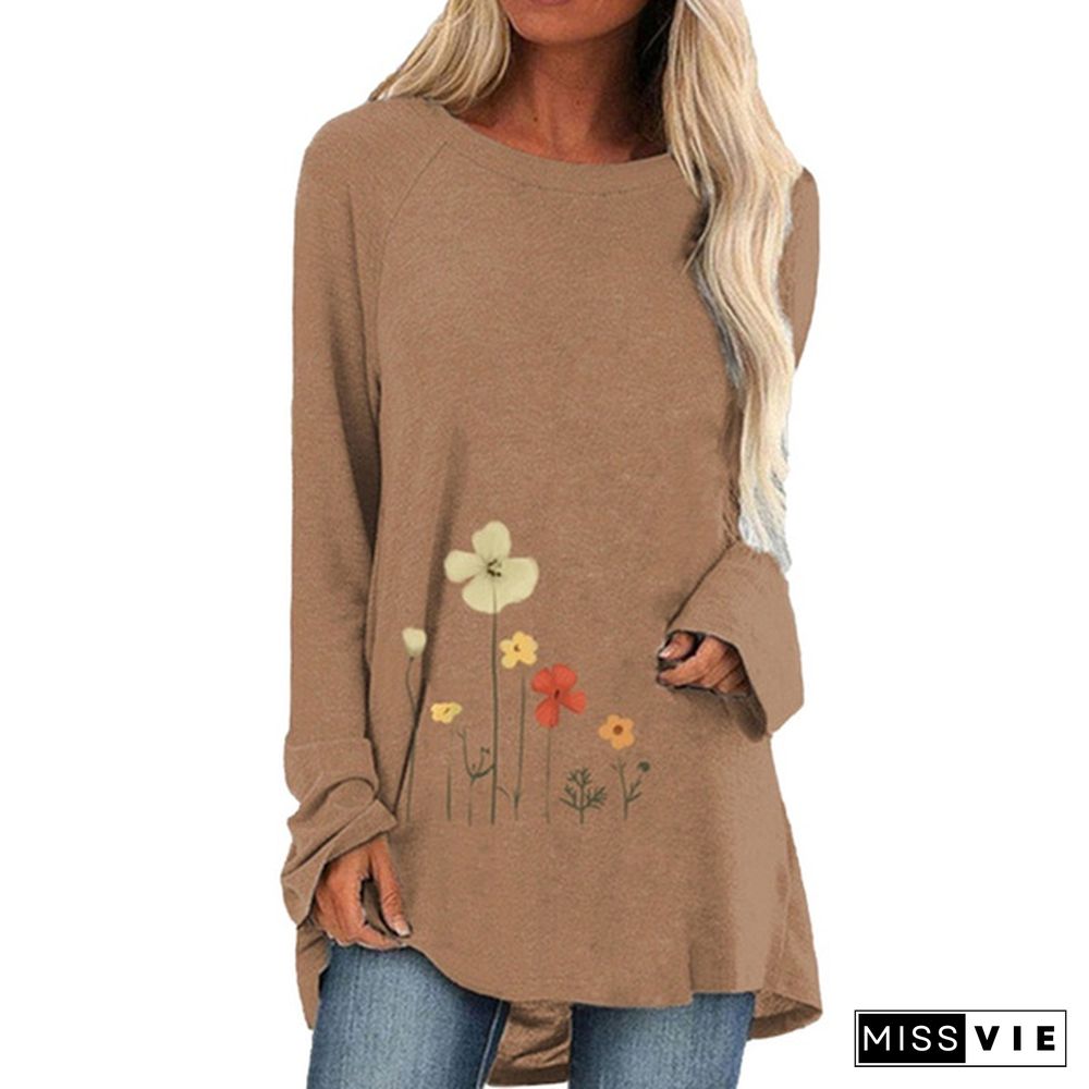 Spring and Autumn Plus Size Fashion Women Clothing Flowers Printed Casual T-shirt Ladies Long Sleeve Round Neck Pullover Tops