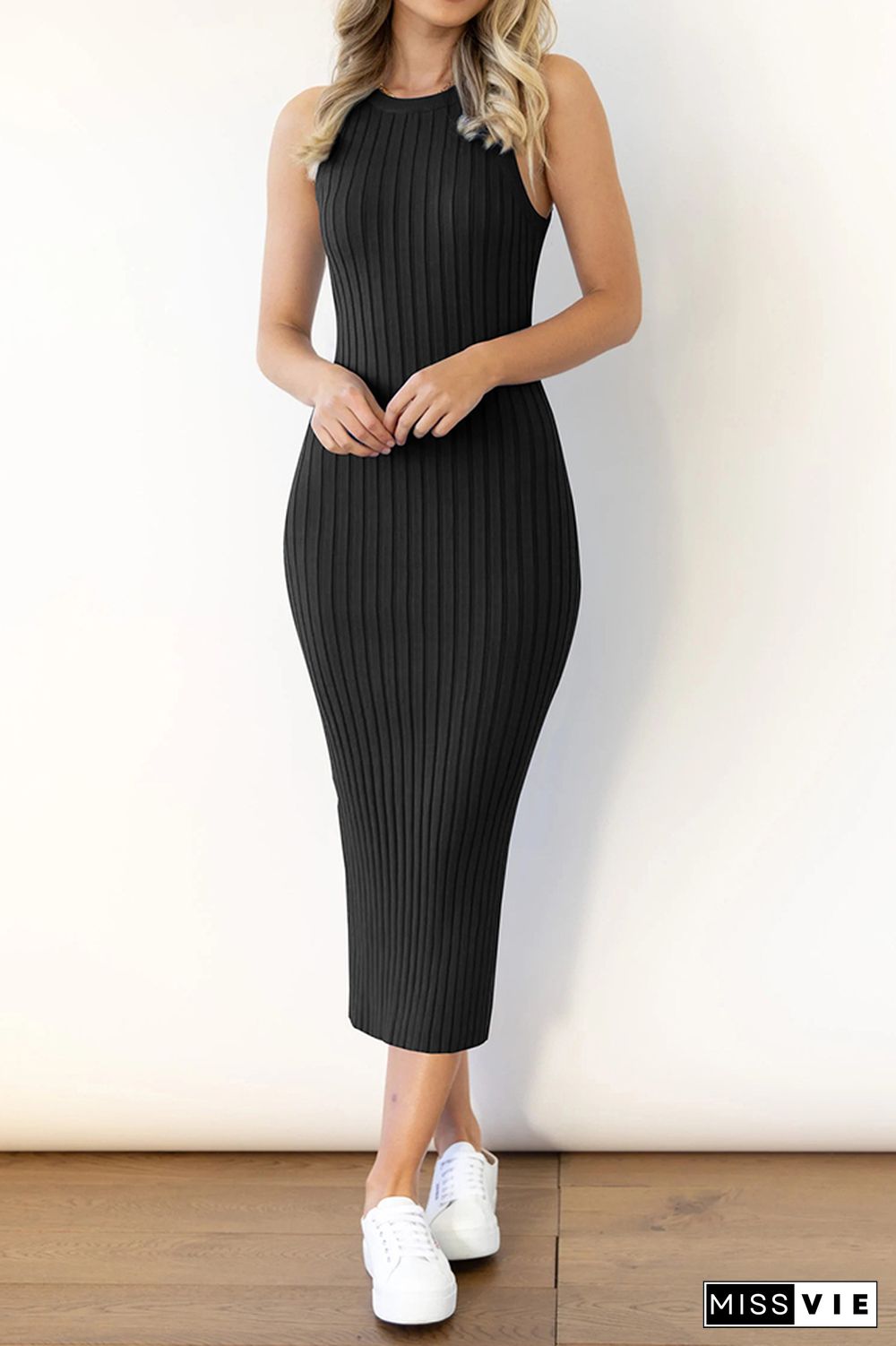 Plain Rib Knit Split Sleeveless Midi Dress