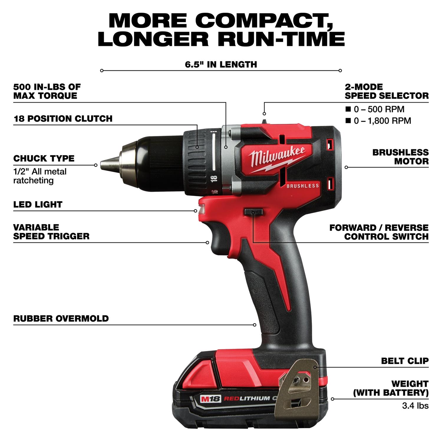 MW M18 18 V 1/2 in. Brushless Cordless Compact Drill Kit (Battery \u0026 Charger)