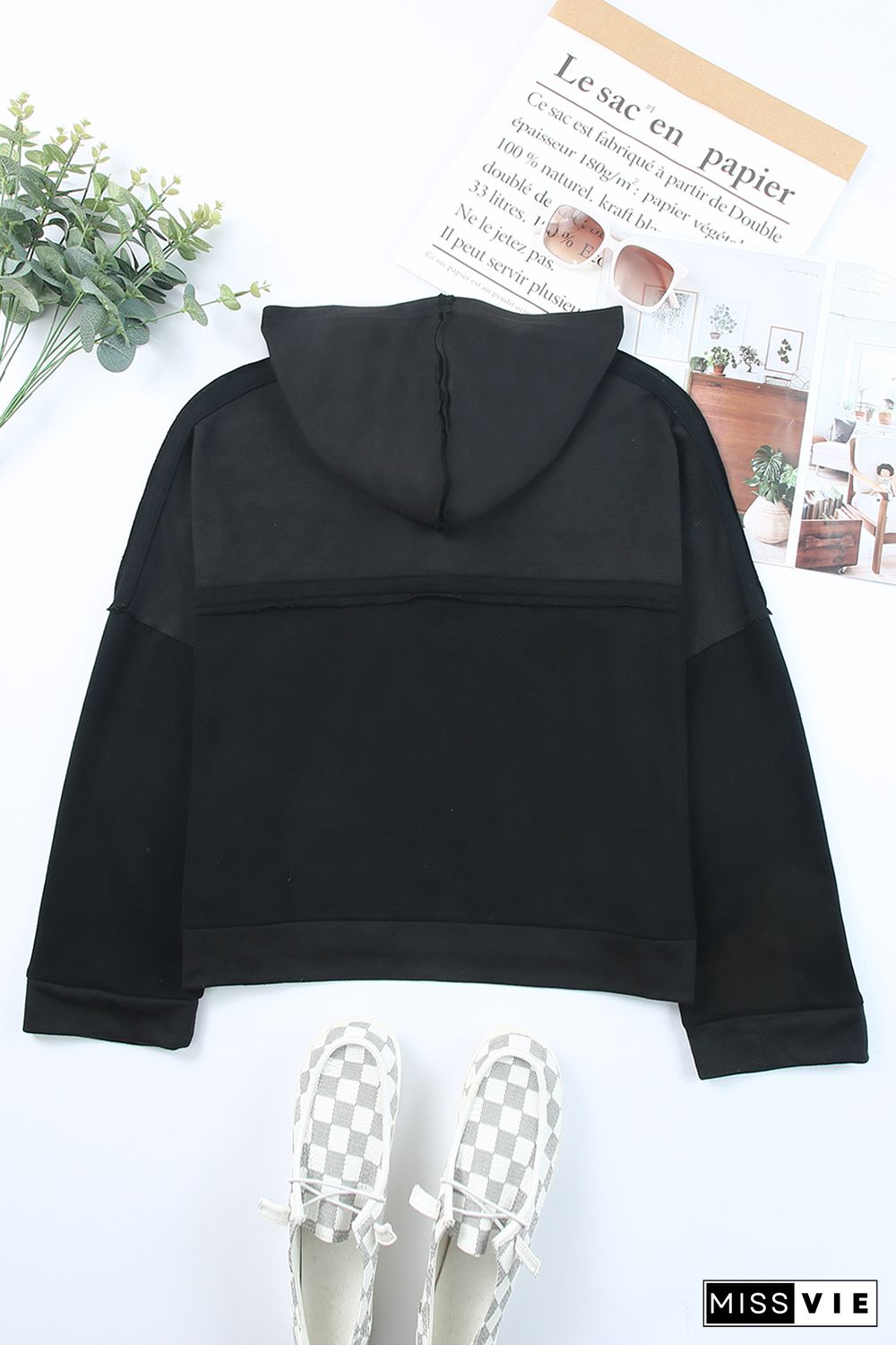 Black Casual Button Solid Patchwork Trim Hoodie