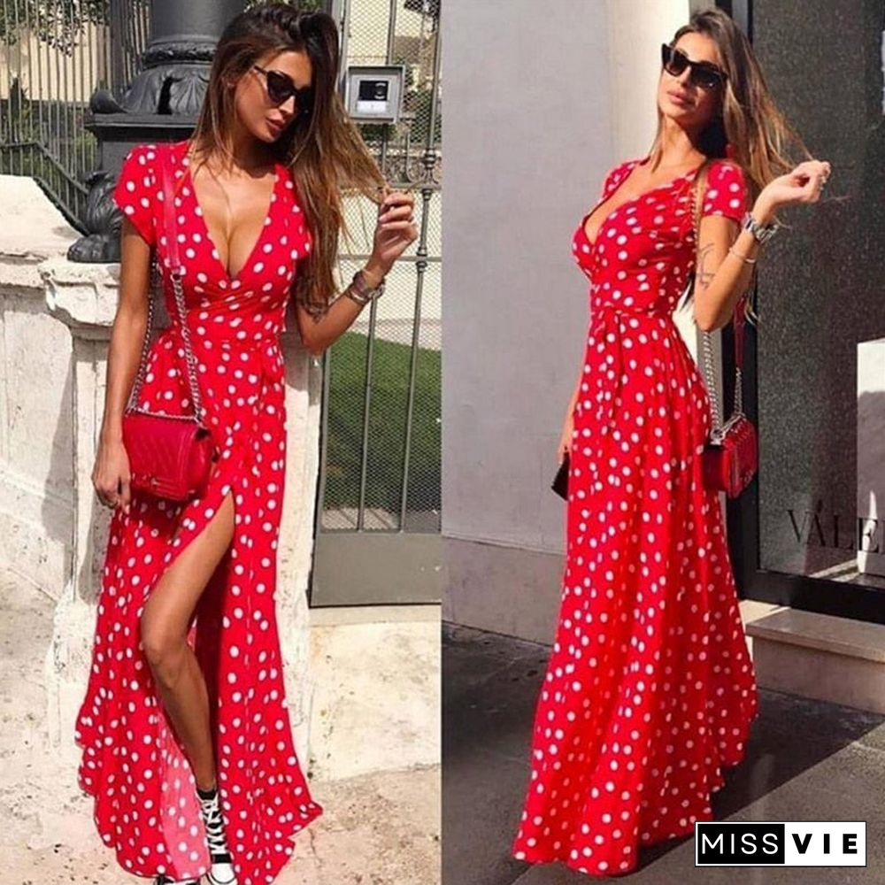 Back To School Outfit  Women Bohemian Dots Printed Party Dress Short Sleeve V Neck Casual Dress Ummer Fashion Split Women Long Dress