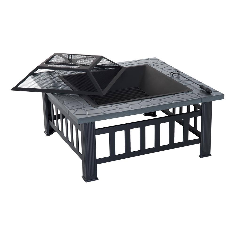 Outsunny 32 in. W x 18 in. H Square Steel Outdoor Patio Wood Burning Fire Pit Table in Black with Poker and Water Resistant Cover 842-073