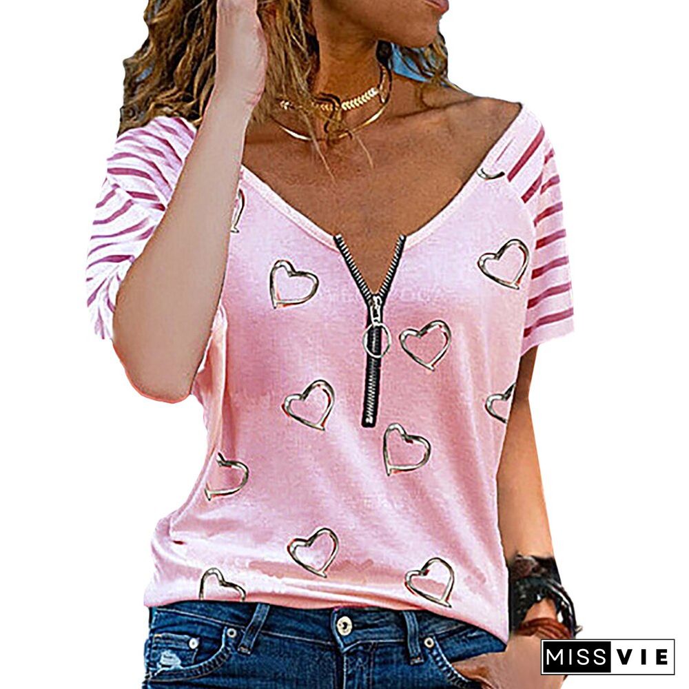 Women Zipper Up Heart Print V-Neck Tops Vintage Summer Short Sleeve Shirt Loose Pullover T-Shirt Casual Streetwear Tshirt D30