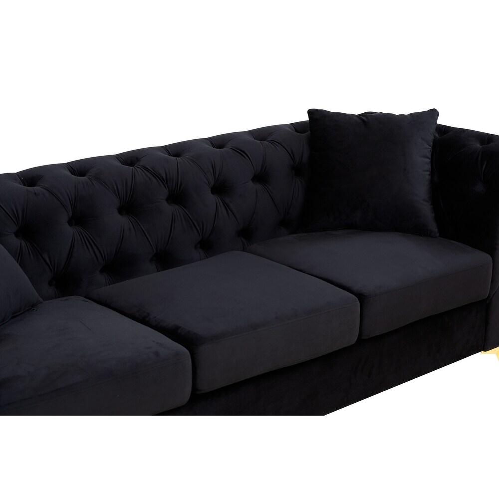 Black Modern 3 Seater Button Tufted Sofa with Soft Tufted Velvet Upholstery  Scroll Arms  and Gold Metal Legs for Living Room