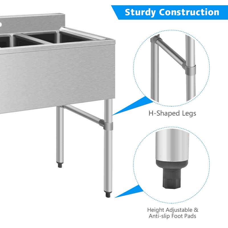 3 Compartment Commercial Stainless Steel Utility Sink, Freestanding Triple Bowl Kitchen Sink with 3 Basket Strainer Drains