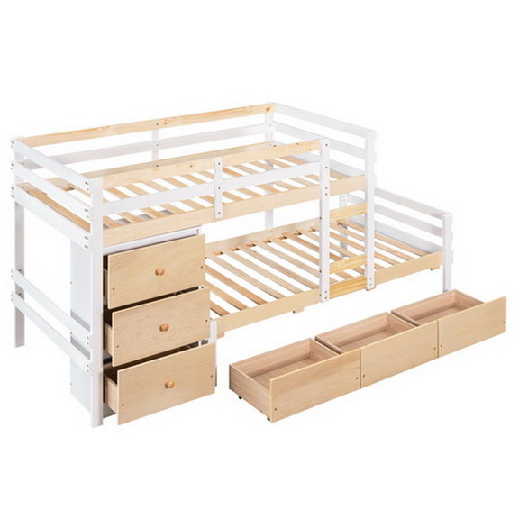 Twin over Twin Loft Bunk Bed with Drawers and Ladd...