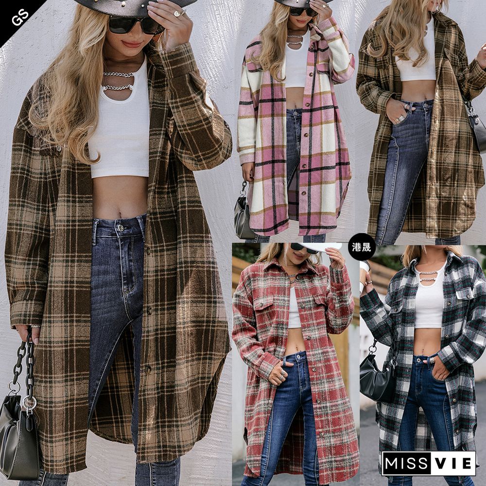 Autumn And Winter Woolen Plaid Coat Lapel Loose Women's Brushed Plaid Long Coat Jackets