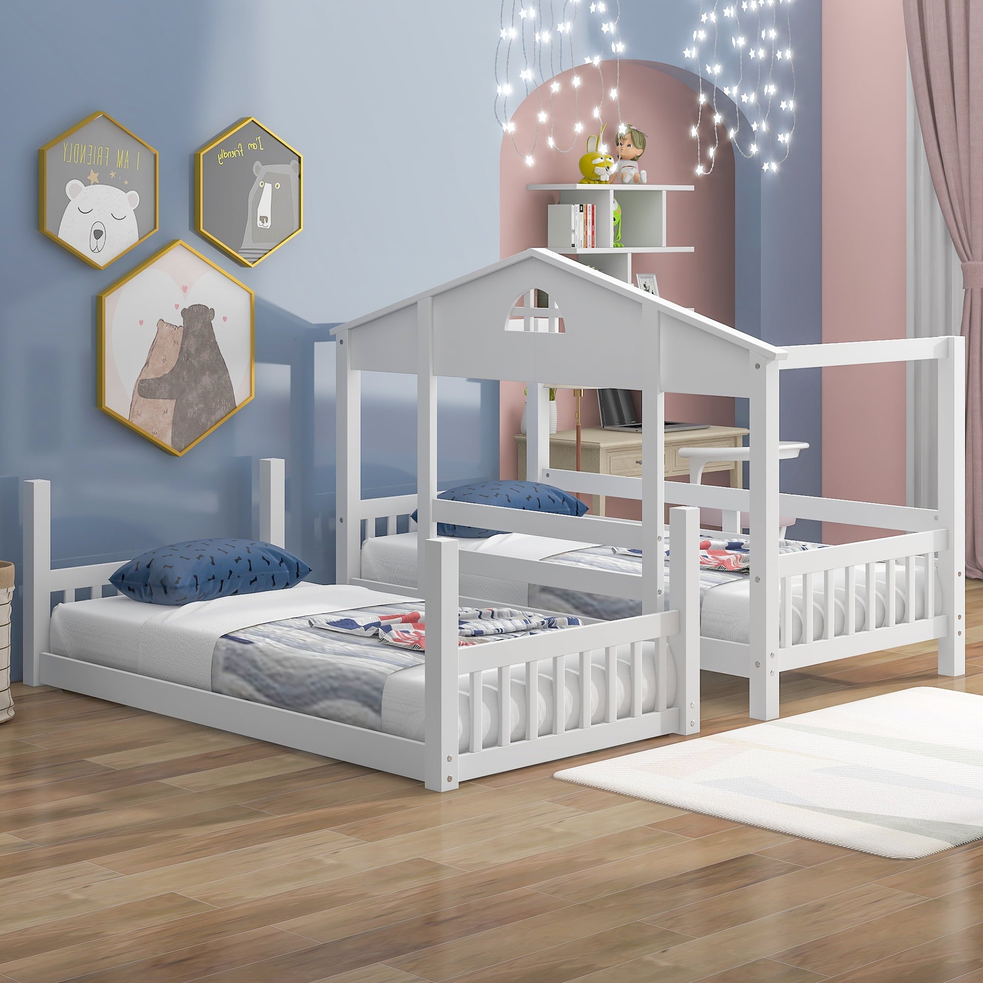 Twin House Bunk Bed with Convertible Slide and Ladder for Kids Room, White