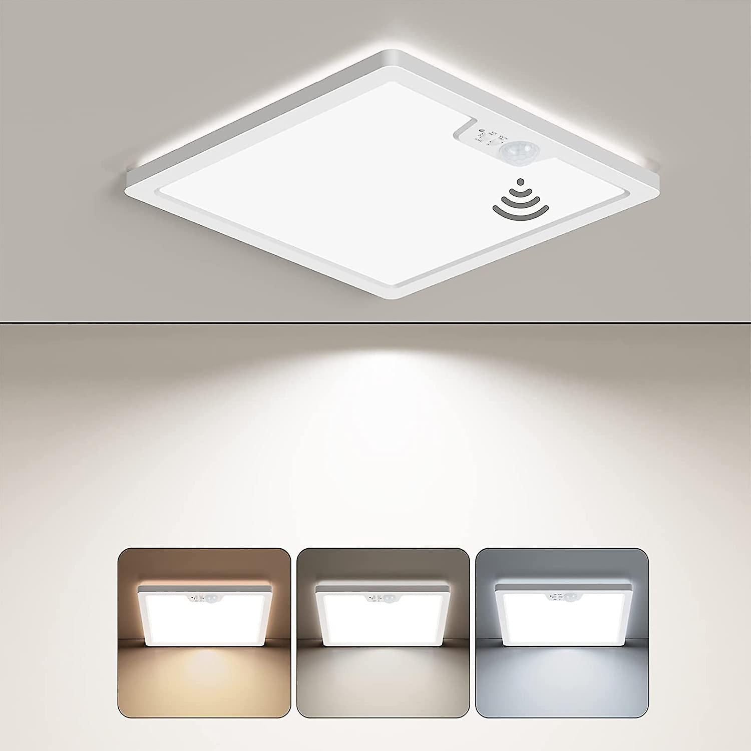 Wired Motion Sensor LED Ceiling Light， 18W 1800LM Flush Mount Lighting Fixture 3 CCT， 3 Timer， 8.7 Inch Square Motion Ceiling Light for Closet Stair