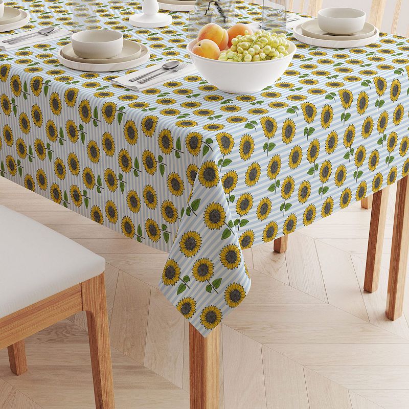 Square Tablecloth， 100% Cotton， 60x60， Blue Stripes and Sunflowers