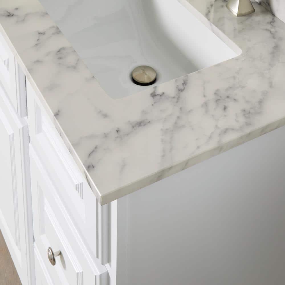 Home Decorators Collection 61 in W x 22 in D Engineered Marble Double Trough Basin Vanity Top in Calacutta with White Basins