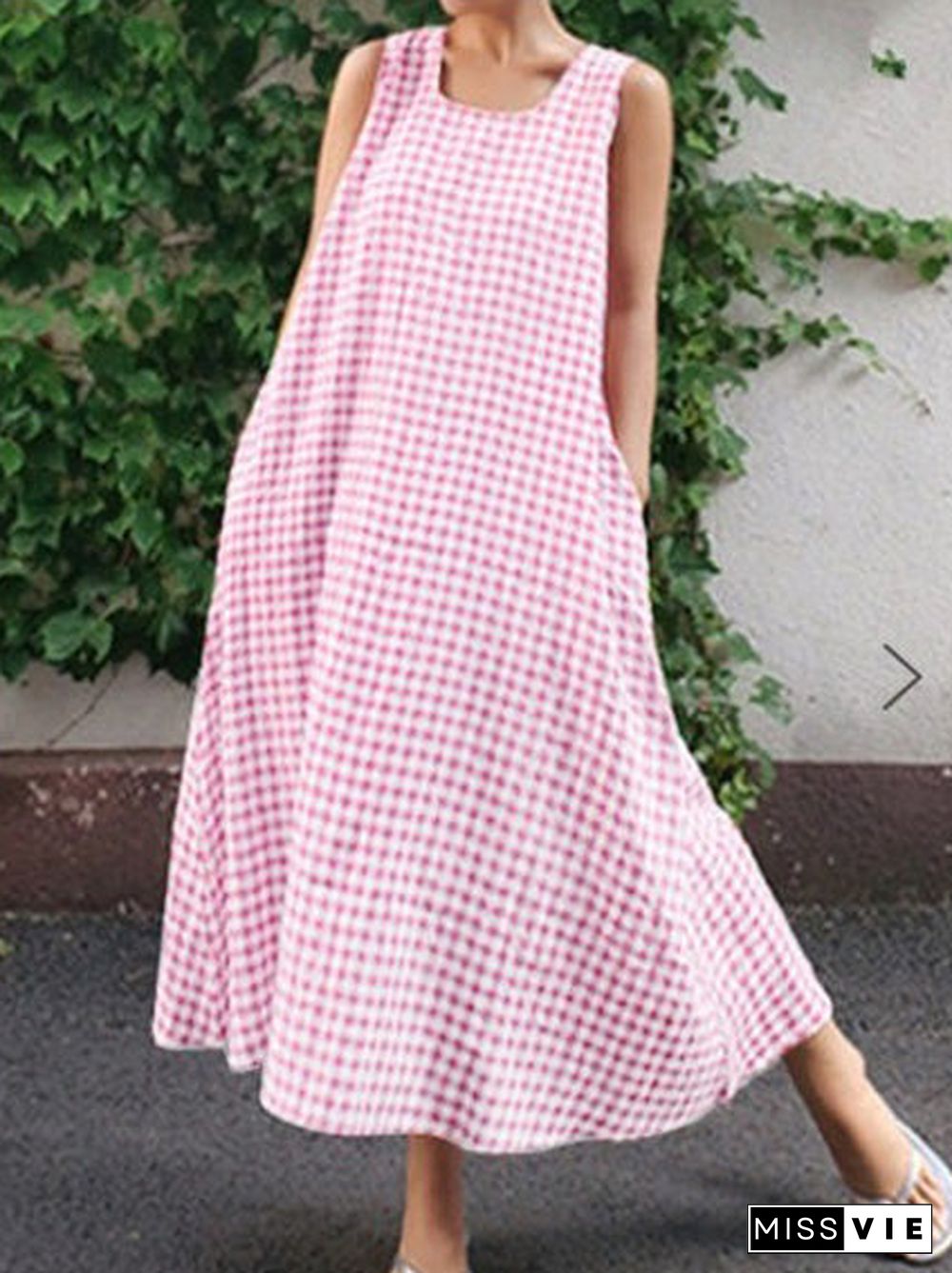 Women'S Dresses Loose Check Pocket Sleeveless Maxi Dress