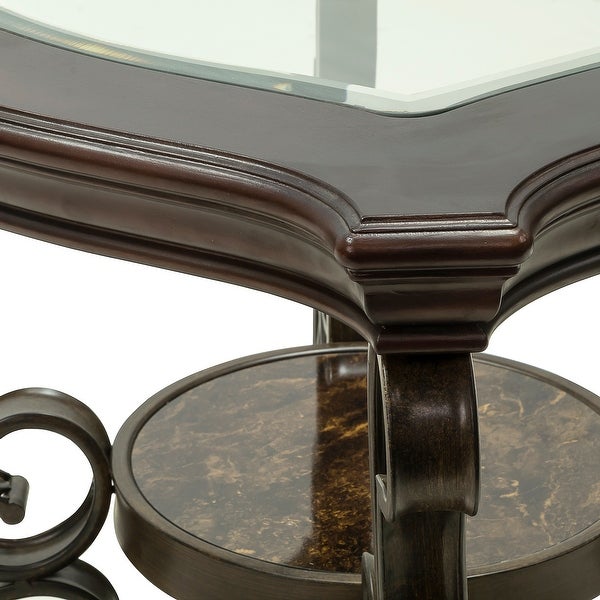 End Table with Glass Top and Scroll Accent， Brown