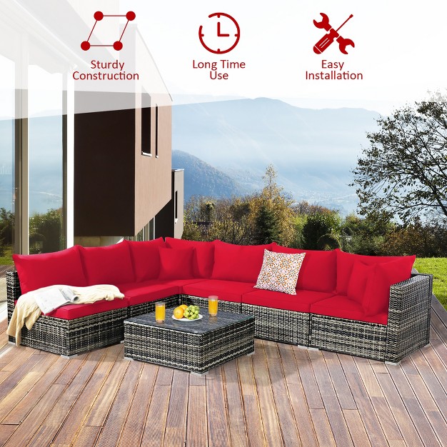 Costway 7pcs Patio Rattan Furniture Set Sectional Sofa Garden Red Cushion