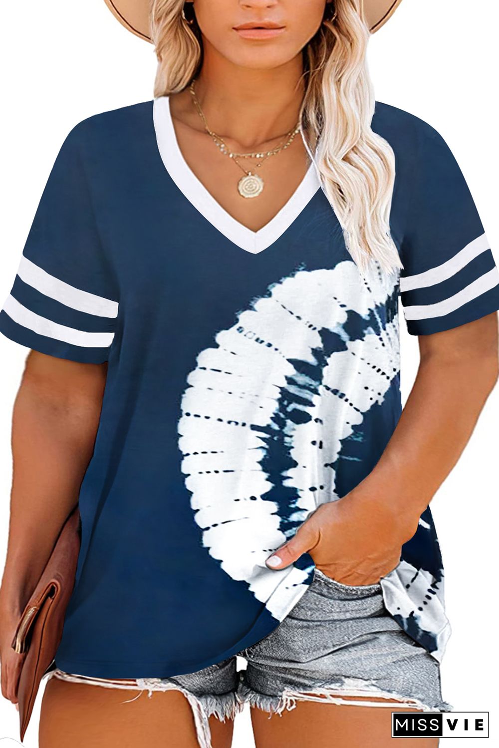 Blue Plus Size Tie-dyed Striped Short Sleeve V Neck T-shirt