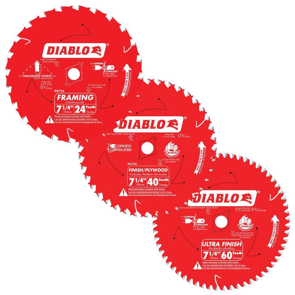 DIABLO 7-14 Circular Saw Blade Set - 24-Tooth Tracking Point Framing 40-Tooth Finish and 60-Tooth Fine Finish (3-Blades) D07244060R3GS