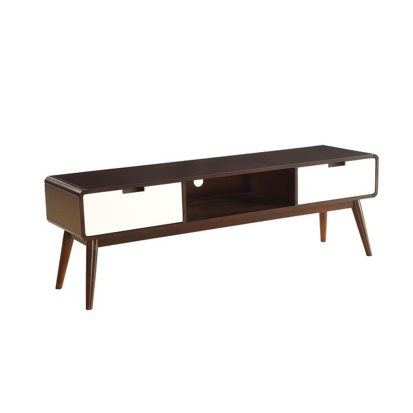 59'' Mid-Century Modern EspressoandWhite Contrast Look Christa TV Stand with 2 Drw， Open Media Storage and Wooden Tapered Leg