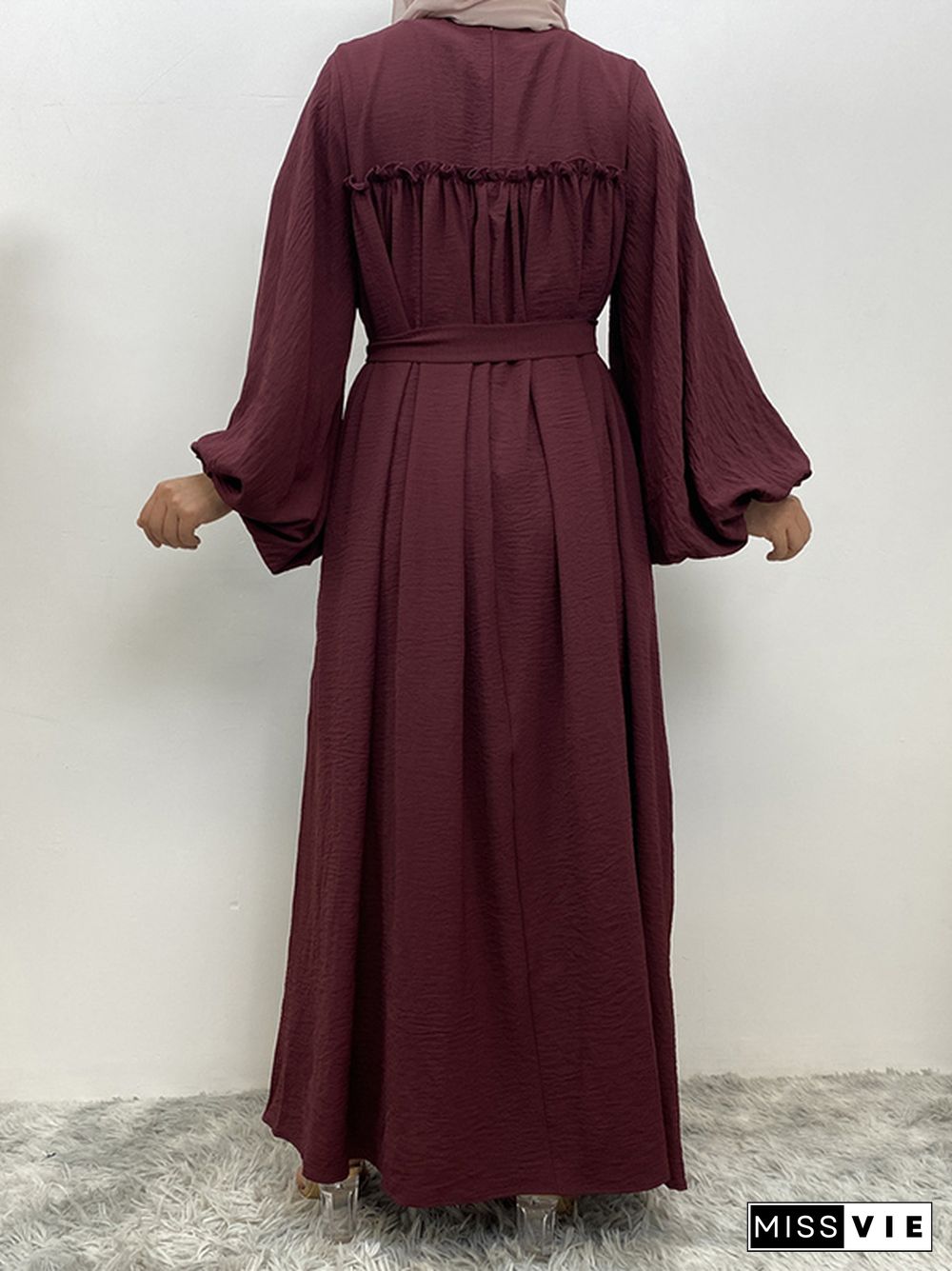 Bishop Sleeve Long Sleeves Elasticity Muslim Pleated Solid Color Split-Joint Tied Waist Round-Neck Maxi Dresses