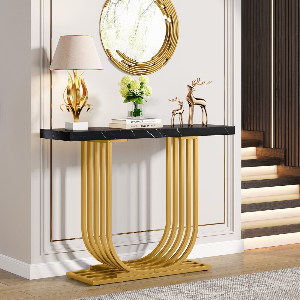 Modern Console Table  Faux Marble Entryway Foyer Table  Sofa Accent Table with Gold Metal Legs