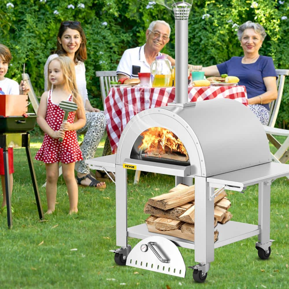 VEVOR Wood Outdoor Pizza Oven 32 in. Stainless Steel Fired Artisan Pizza Oven 3-Layer with Wheels, Silver HWPSKX3253149T6YRV0