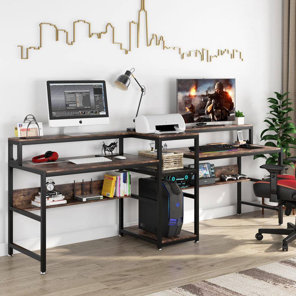 Tribesigns Cassey 94.5 in. Rectangular Brown Engineered Wood Computer Desk with Hutch Shelf for Two Person FFHD-F1279