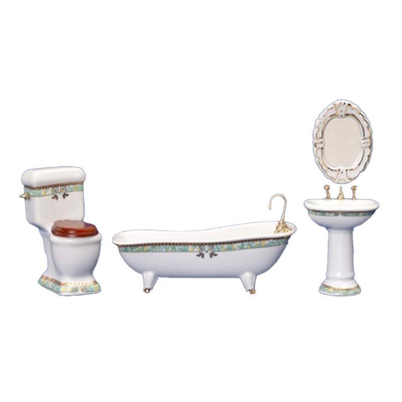 Dolls House Green Gold Bathroom Suite With Footed Bath Tub Furniture Set