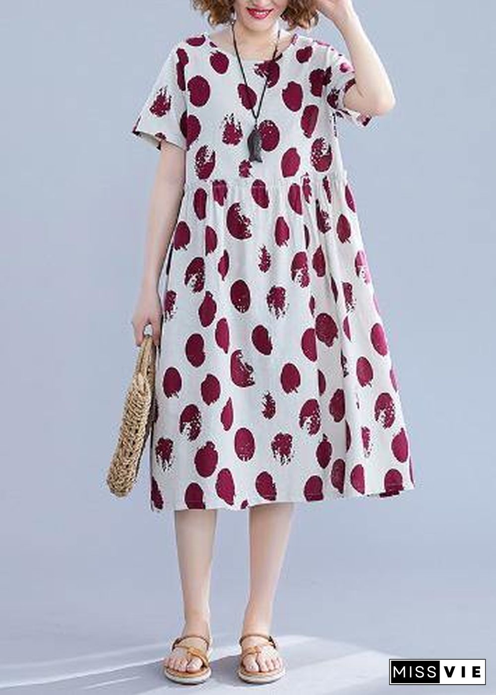 Natural o neck short sleeve Cotton quilting clothes Shape red dotted Dresses