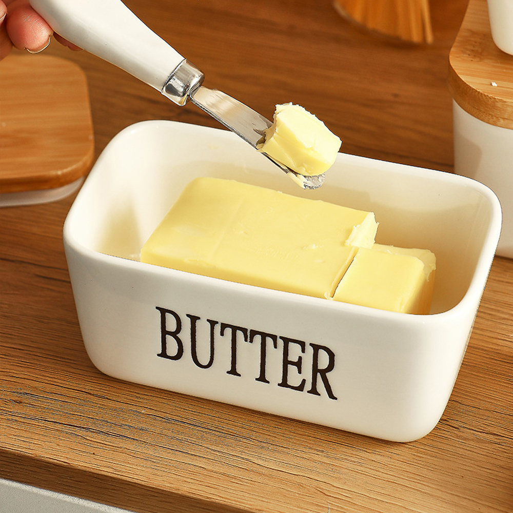 HKEEY Butter Dish， Ceramic Butter Dish with lid and Stainless Steel Butter Knife Spreader， Butter Keeper Double Silicone Seals， Easy Clean， Butter Dishes with Covers