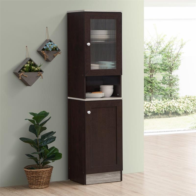 Pemberly Row 63 Slim Open Shelf Plus Top Kitchen Pantry in Chocolate-Gray Wood