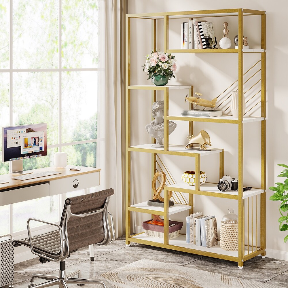 70.9 Inches Tall Etagere Bookcase  8 Tier StaggeredBookshelf with Faux Marble Shelves  Modern Decorative Shelf for Home Office