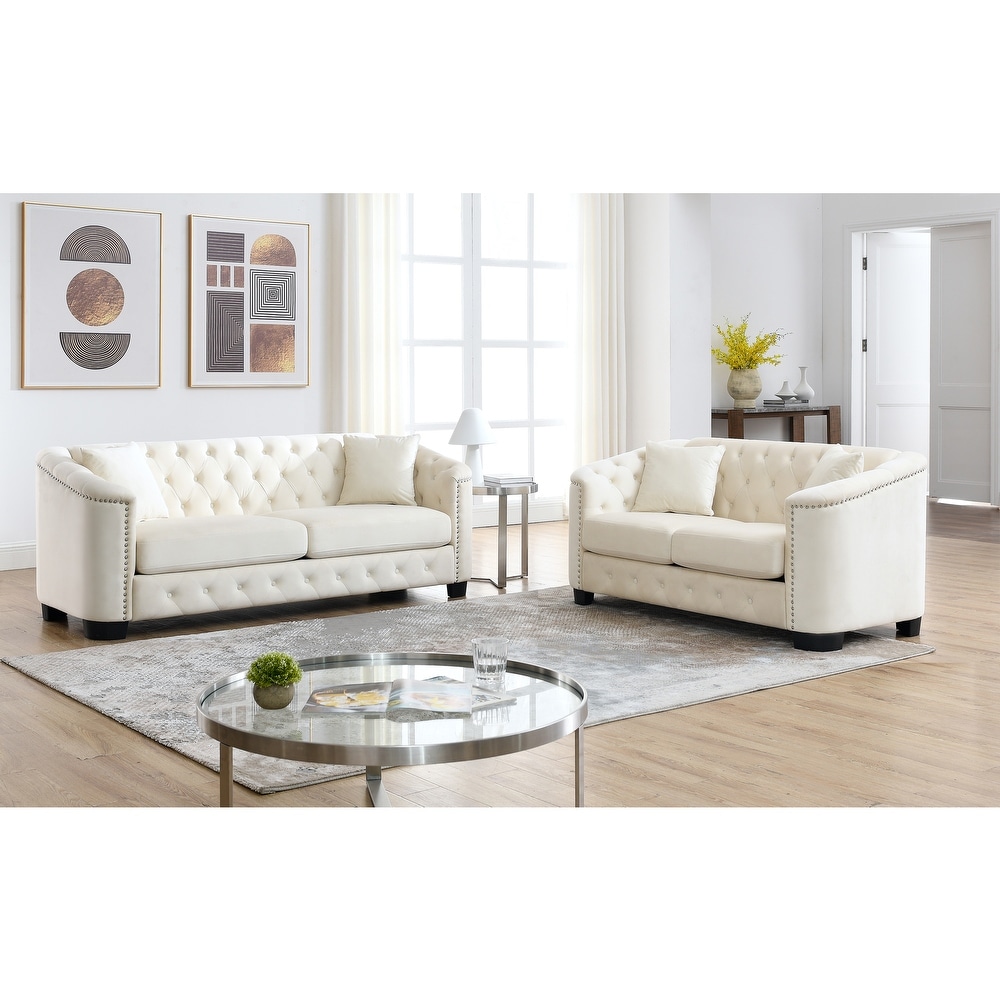 2pcs Velvet Sectional Sofa Set Nailhead Trim Loveseat Sofa Sloped Arms Deep Seat Couch with Pillows and Tufted Backrest  Beige