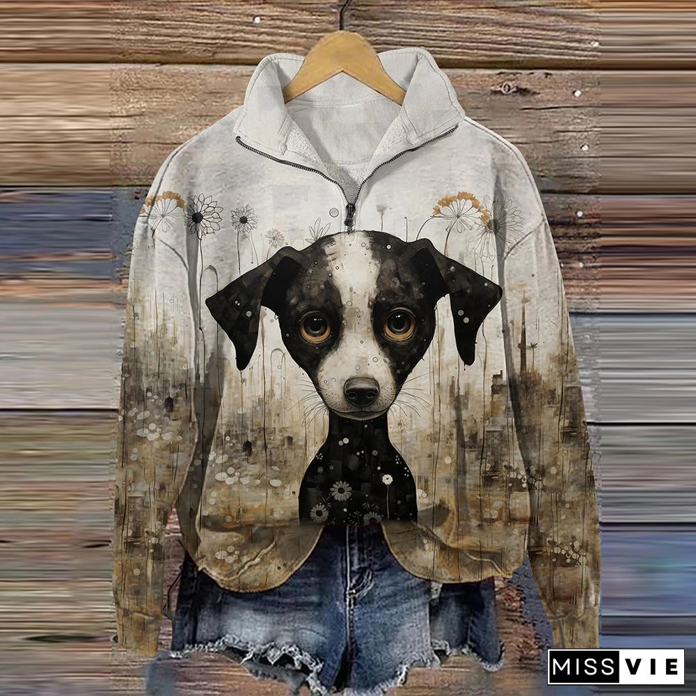 Women Retro Ink Color Dog Print Casual Zipper Sweatshirt