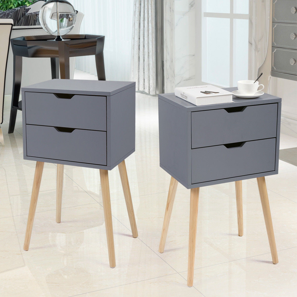 Veryke Night Stand Set of 2, Bedside Table, Side Table with 2 Drawers, Wood Leg Storage Cabinet, Side Table Nightstand Organizer for Bedroom, Gray