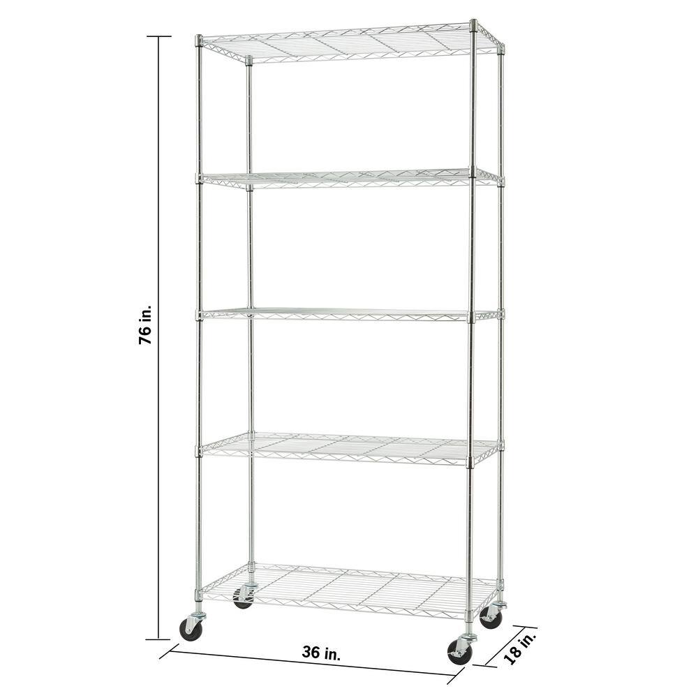 TRINITY EcoStorage Chrome 5-Tier Rolling Steel Wire Shelving Unit (36 in. W x 76 in. H x 18 in. D) TBFZ-0933