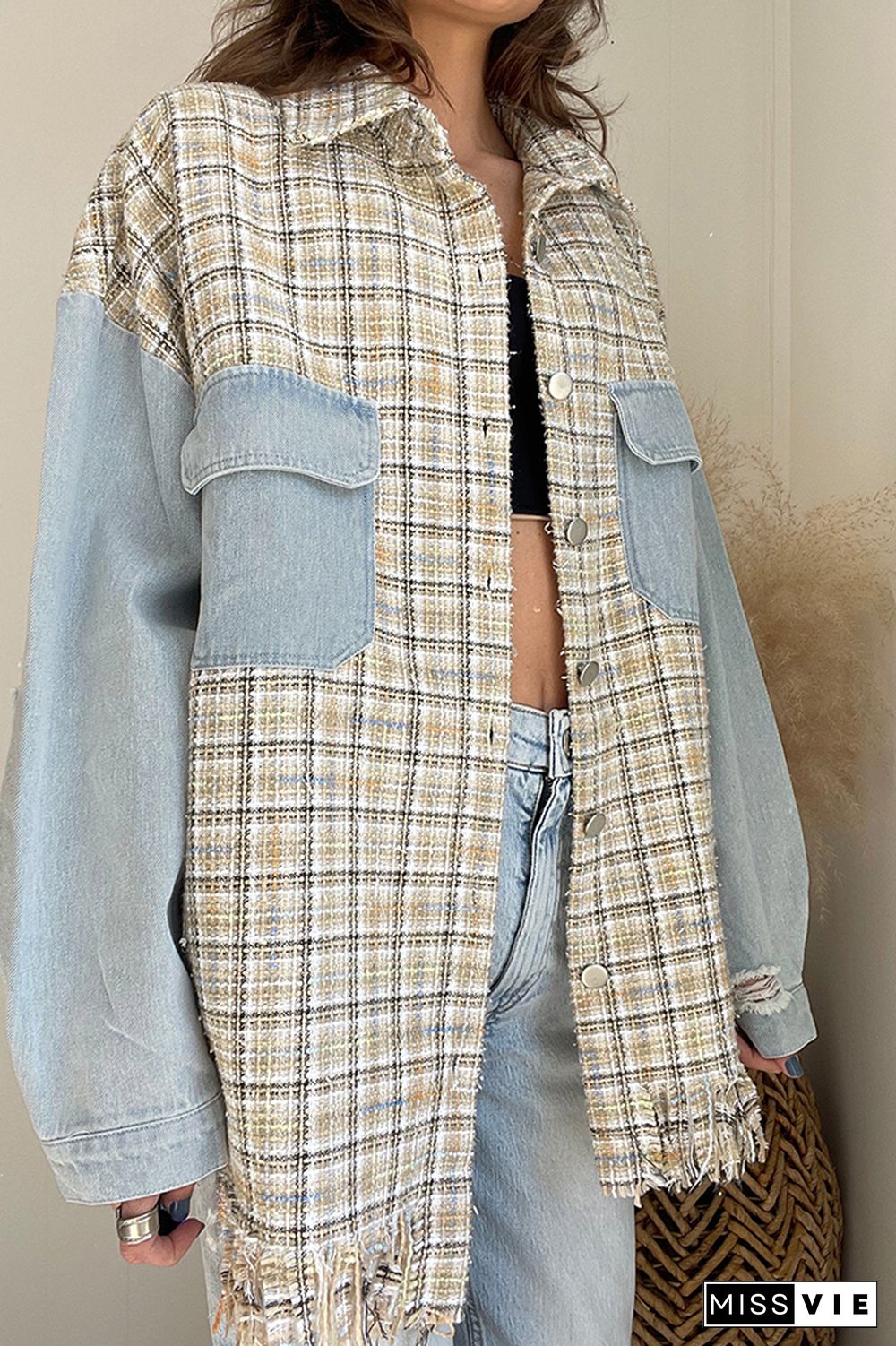 Lt Blue Ripped Denim Splicing Knit Plaid Pocketed Oversized Jackets