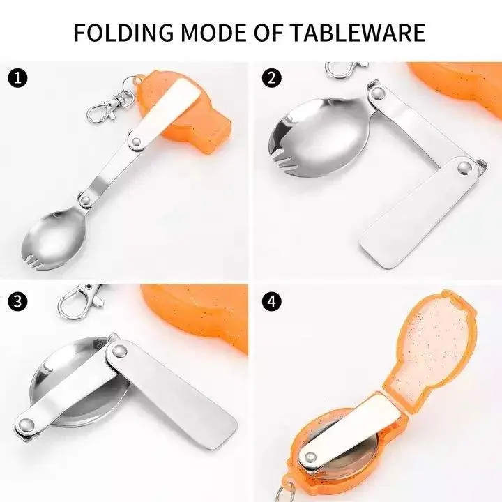 Johold Outdoor Folding Stainless Steel Hiking Camping Spoon with Plastic Gift Box Package Spoon Key Chain