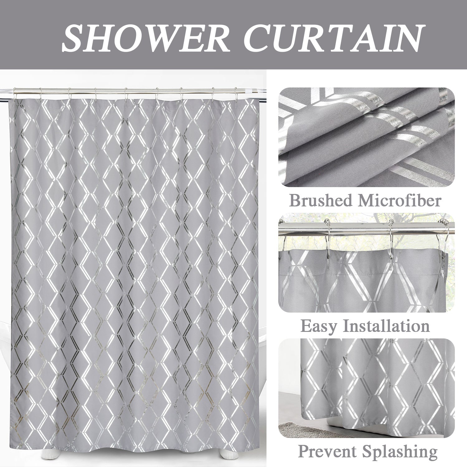 HIG Shower Curtain with Foil Geometric Diamond Print Pattern, Decorative Bling Fabric Shower Curtains for Bathroom, Elegant Stylish Microfiber Bath Curtain, 72 x 72 In