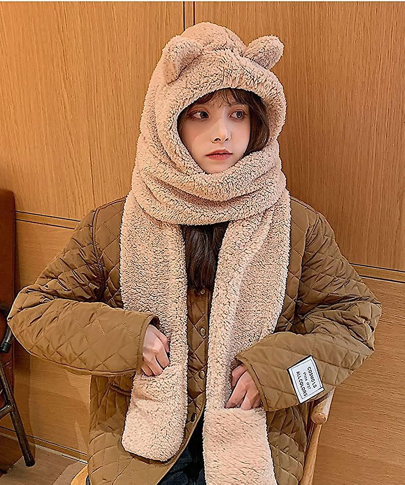 Winter Warm Plush Cute Animal Hats Hooded Scarf 2 In 1 Women Hat And Scarf Set Soft Ear Flap Cap Khaki -