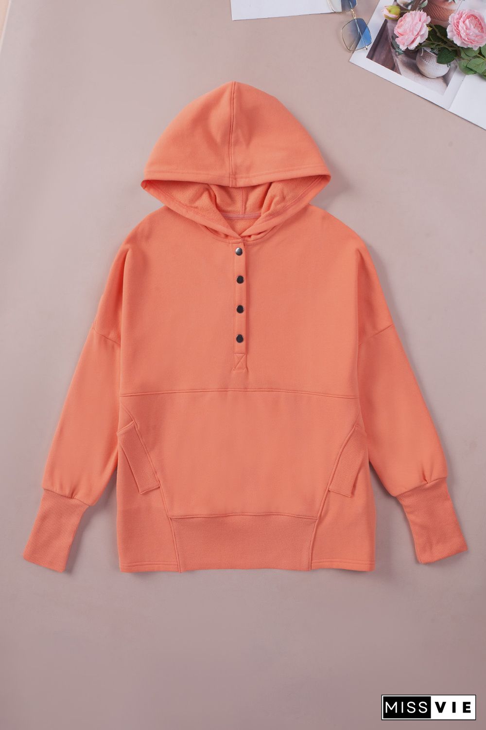 Orange Batwing Sleeve Pocketed Henley Hoodie