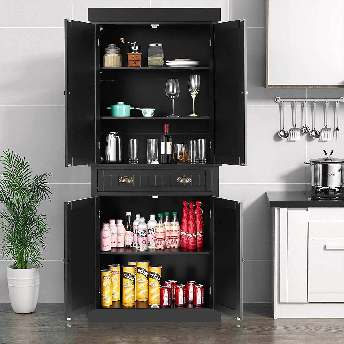 Yoleny Kitchen Pantry， 72” Freestanding Storage Cabinets with Doors and Shelves， Elegant Colonial Design Cabinet Cupboard， Black