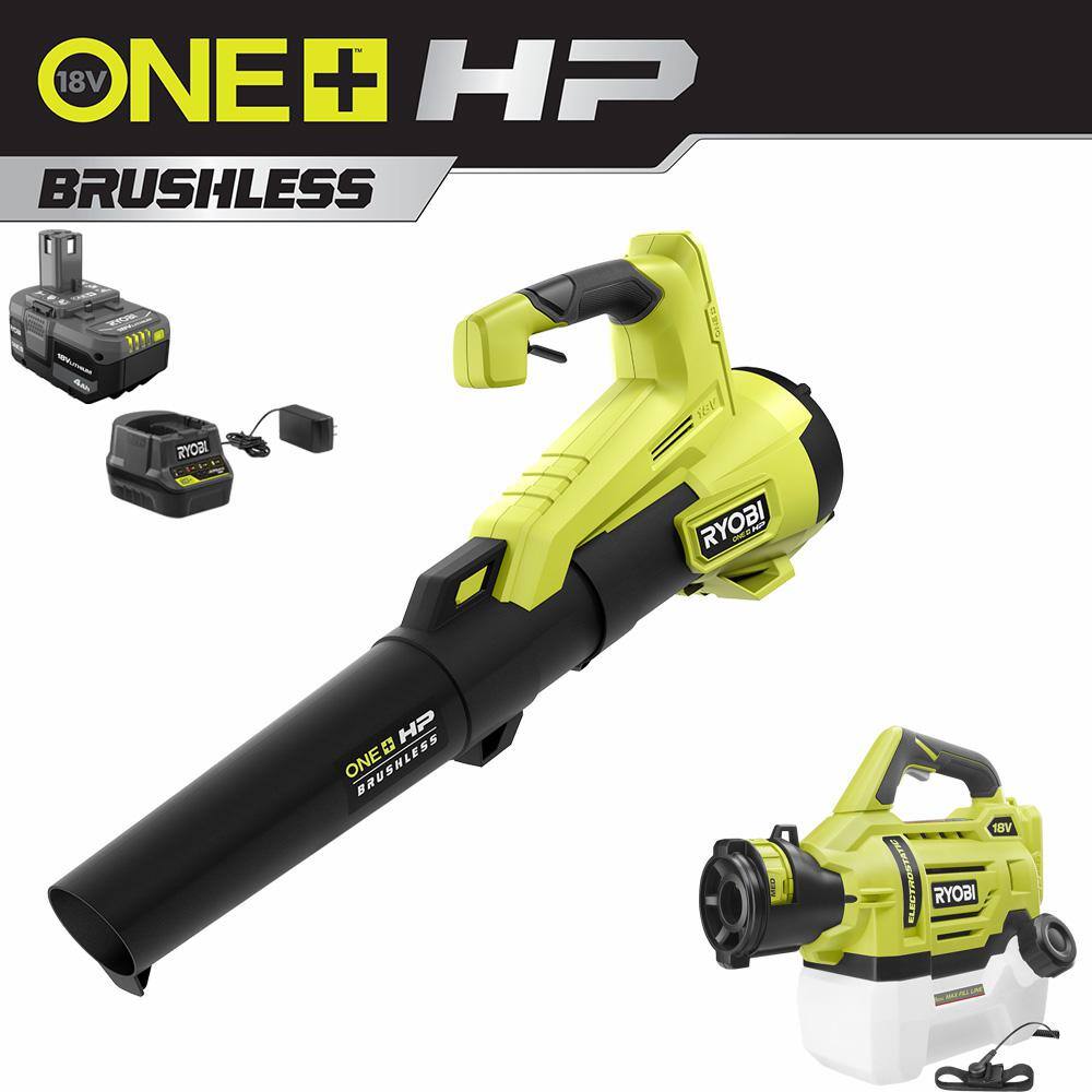 RYOBI ONE+ HP 18V Brushless 110 MPH 350 CFM Cordless Jet Fan Leaf Blower wElectrostatic Sprayer 4.0 Ah Battery  Charger P21120-P2809BTL