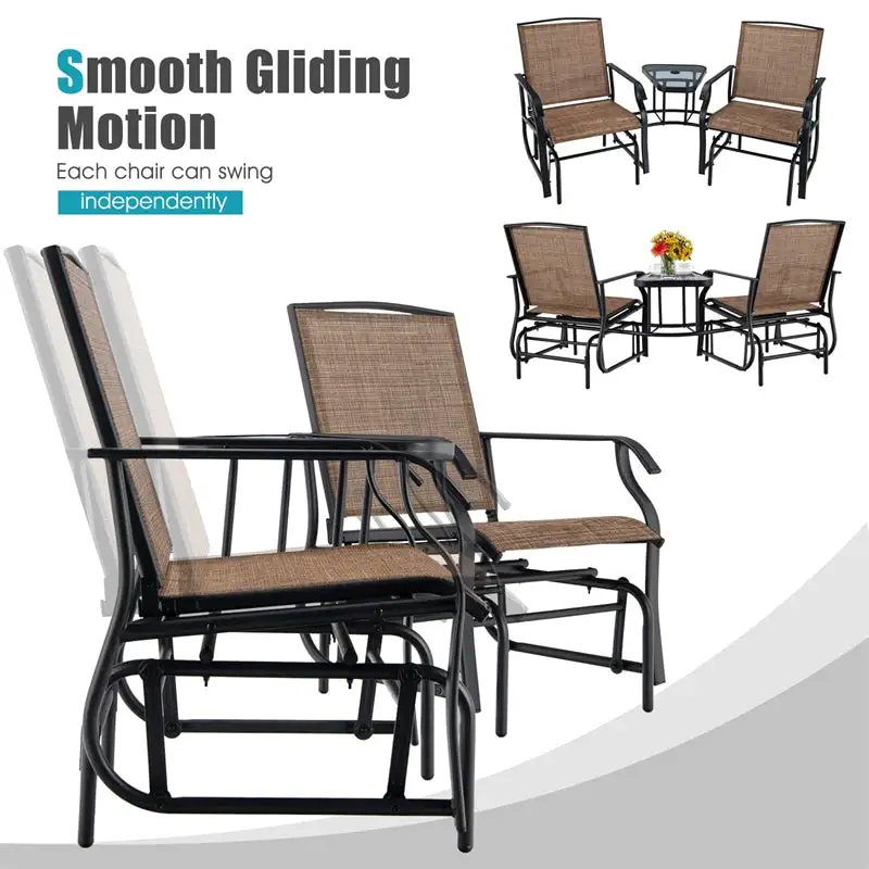 2-Seat Patio Rocking Chair Outdoor Double Glider Chair with Glass Table & Umbrella Hole