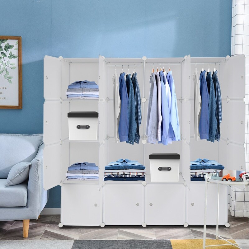 8/12/16/20 Cube Organizer Stackable Plastic Cube Storage Closet Cabinet with Hanging Rod White