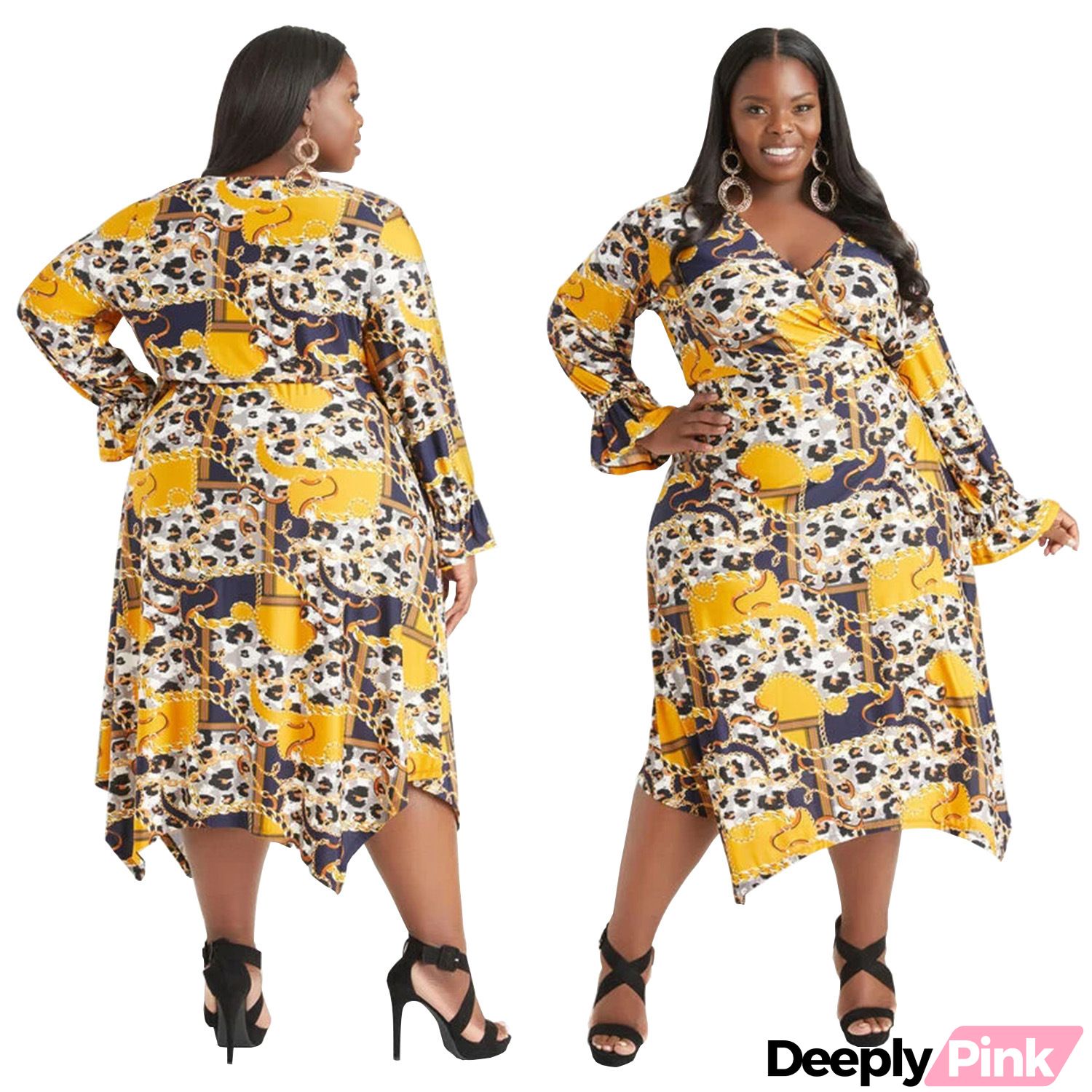 Women Fashion Plus Size Geometric Print V-Neck Long Sleeve Irregular Dress